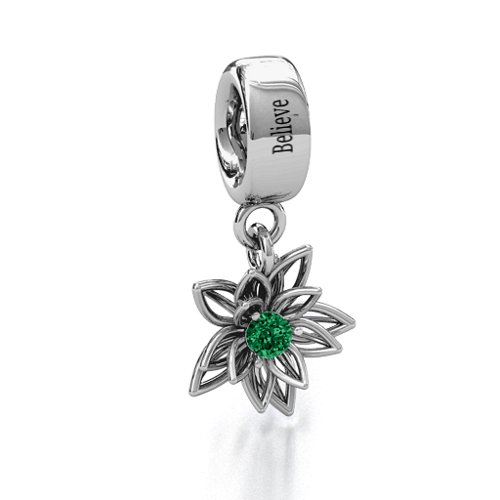 Lotus in Full Bloom Bracelet Charm – Sterling Silver with Emerald