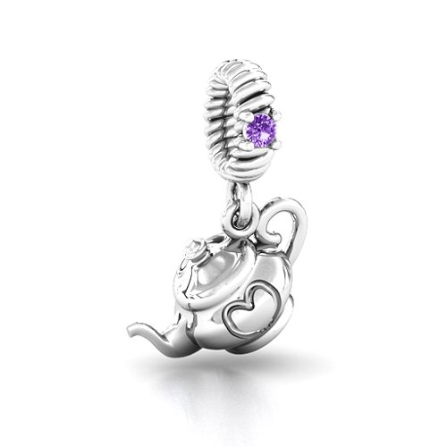 Teapot with Hearts Bracelet Charm – Sterling Silver with Amethyst