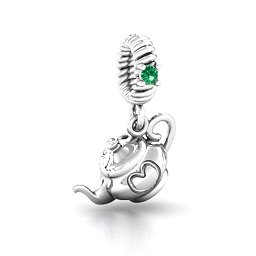 Teapot with Hearts Bracelet Charm in 925 Sterling Silver with Emerald