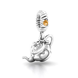 Teapot with Hearts Bracelet Charm in 925 Sterling Silver with Citrine
