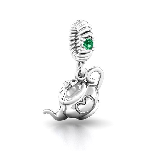 Teapot with Hearts Bracelet Charm – Sterling Silver with Emerald