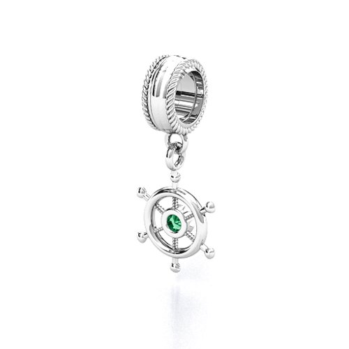 Ship's Wheel Bracelet Charm – Sterling Silver with Emerald