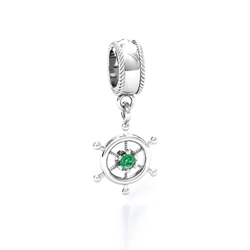 Ship's Wheel Bracelet Charm – Sterling Silver with Emerald
