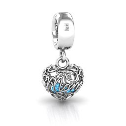 A Mother's Love Caged Bracelet Charm in 925 Sterling Silver with Blue Topaz, Pink Tourmaline, and Cubic Zirconia