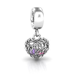 A Mother's Love Caged Bracelet Charm in 925 Sterling Silver with Amethyst, Pink Tourmaline, and Cubic Zirconia