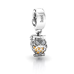 Scholarly Owl Caged Bracelet Charm in 925 Sterling Silver with Citrine and Garnet