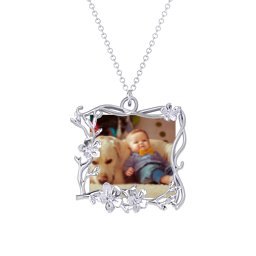 Square Cherry Blossom Photo Frame Necklace in 925 Sterling Silver with Emerald, Blue Topaz, and Amethyst