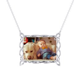 Rectangular Infinity Photo Frame Necklace in 925 Sterling Silver with Emerald, Blue Topaz, and Amethyst