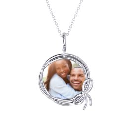 Ribbon And Bow Round Photo Frame Necklace in 925 Sterling Silver with Emerald, Blue Topaz, and Amethyst