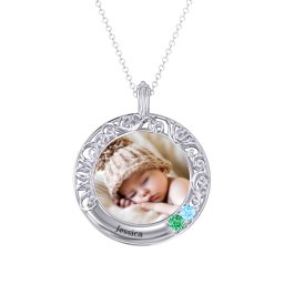 Round Engravable Filligree Photo Frame Necklace in 925 Sterling Silver with Emerald, Blue Topaz, and Amethyst