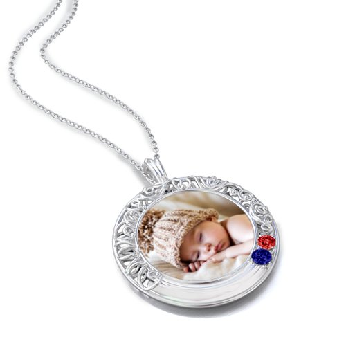 Round Engravable Filligree Photo Frame Necklace – Sterling Silver with Blue Sapphire and Garnet