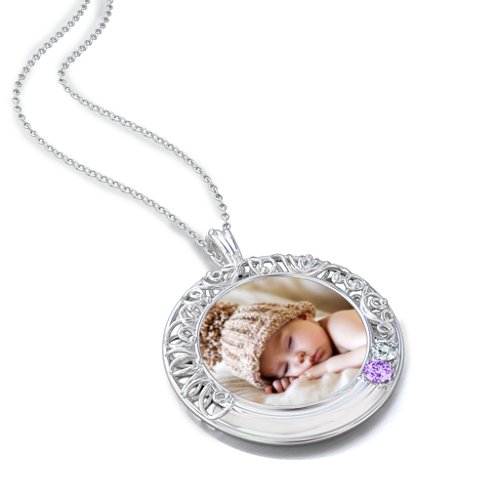 Round Engravable Filligree Photo Frame Necklace – Sterling Silver with Amethyst and Cubic Zirconia