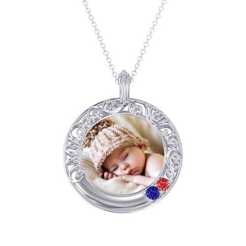 Round Engravable Filligree Photo Frame Necklace – Sterling Silver with Blue Sapphire and Garnet