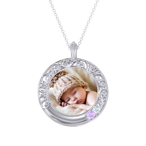 Round Engravable Filligree Photo Frame Necklace – Sterling Silver with Amethyst and Cubic Zirconia