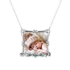 Fancy Square Photo Frame Necklace With Accents – Sterling Silver with Green Premium Zirconia