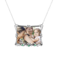 Fancy Rectangular Photo Frame Necklace With Accents – Sterling Silver with Green Premium Zirconia