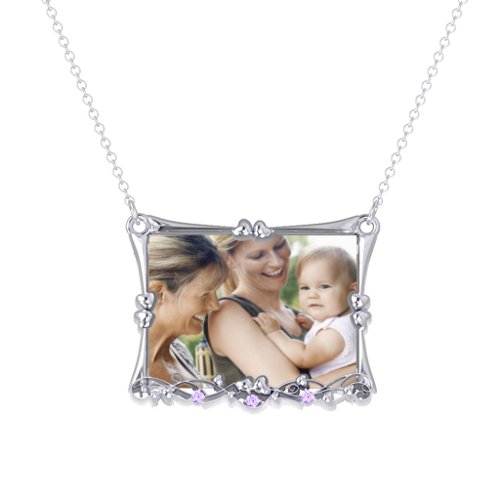 Fancy Rectangular Photo Frame Necklace With Accents – Sterling Silver with Amethyst Premium Zirconia