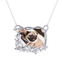 Rectangular Cherry Blossom Photo Frame Necklace in 925 Sterling Silver with Emerald, Blue Topaz, and Amethyst