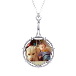 Modern Decorative Round Photo Frame Necklace in 925 Sterling Silver with Emerald, Blue Topaz, and Amethyst