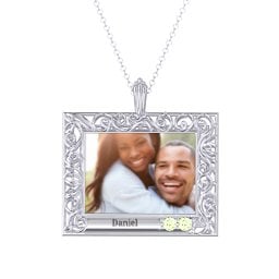 Rectangular Engravable Filligree Photo Frame Necklace in 925 Sterling Silver with Peridot and Amethyst