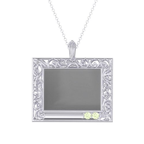 Rectangular Engravable Filligree Photo Frame Necklace – Sterling Silver with Peridot