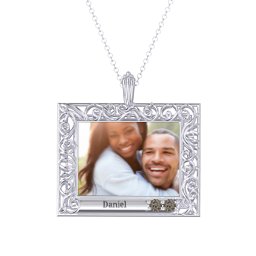 Rectangular Engravable Filligree Photo Frame Necklace in 925 Sterling Silver with Smokey Quartz and Amethyst