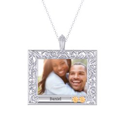 Rectangular Engravable Filligree Photo Frame Necklace in 925 Sterling Silver with Citrine and Amethyst