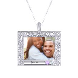 Rectangular Engravable Filligree Photo Frame Necklace in 925 Sterling Silver with Amethyst and Cubic Zirconia