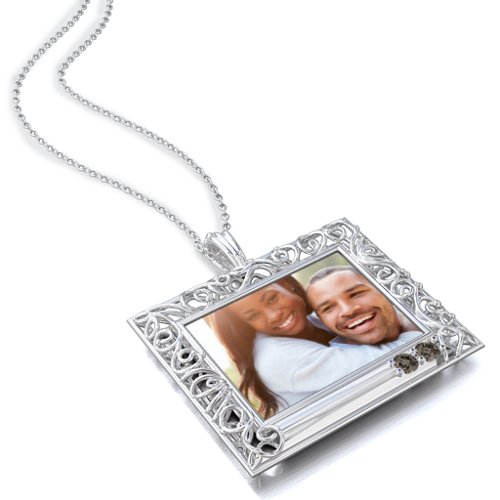 Rectangular Engravable Filligree Photo Frame Necklace – Sterling Silver with Smokey Quartz