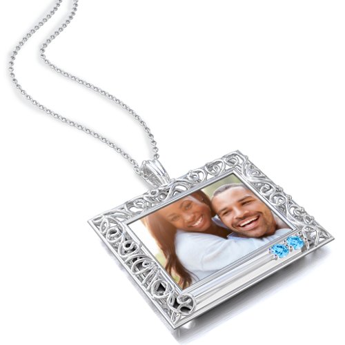 Rectangular Engravable Filligree Photo Frame Necklace – Sterling Silver with Blue Topaz