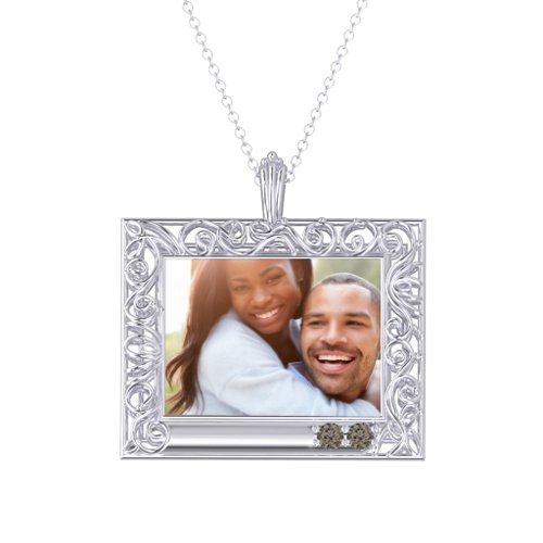 Rectangular Engravable Filligree Photo Frame Necklace – Sterling Silver with Smokey Quartz