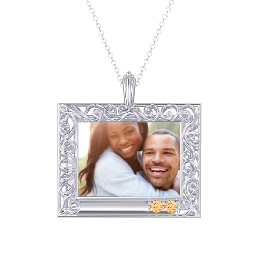 Rectangular Engravable Filligree Photo Frame Necklace – Sterling Silver with Citrine