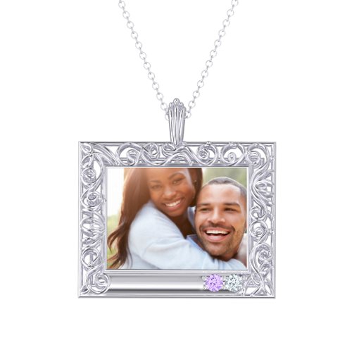 Rectangular Engravable Filligree Photo Frame Necklace – Sterling Silver with Amethyst and Cubic Zirconia