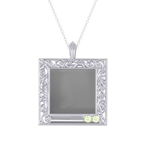Square Engravable Filligree Photo Frame Necklace – Sterling Silver with Peridot