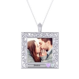 Square Engravable Filligree Photo Frame Necklace in 925 Sterling Silver with Amethyst and Cubic Zirconia