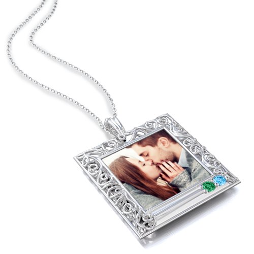Square Engravable Filligree Photo Frame Necklace – Sterling Silver with Emerald and Blue Topaz