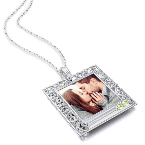 Square Engravable Filligree Photo Frame Necklace – Sterling Silver with Peridot