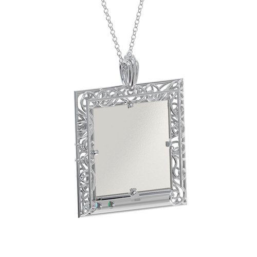 Square Engravable Filligree Photo Frame Necklace – Sterling Silver with Emerald and Blue Topaz