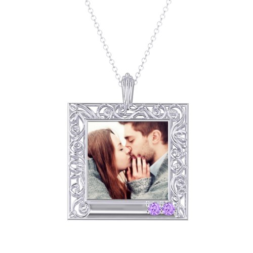 Square Engravable Filligree Photo Frame Necklace – Sterling Silver with Amethyst