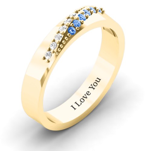 Women's Ridge Accent Diagonal Peak Ring – 10K Yellow Gold with White Premium Zirconia and Fancy Blue Premium Zirconia