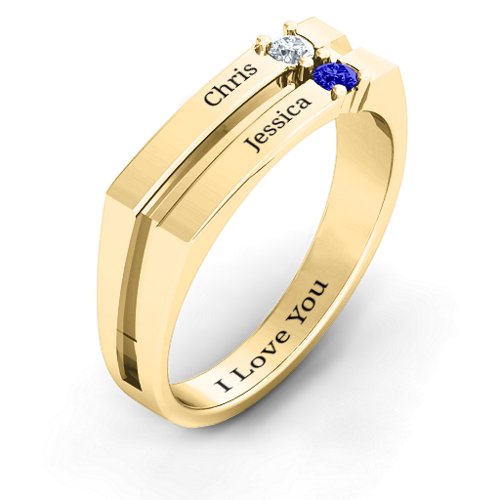 Women's Crevice Grooved Ring – 10K Yellow Gold with Cubic Zirconia and Blue Sapphire