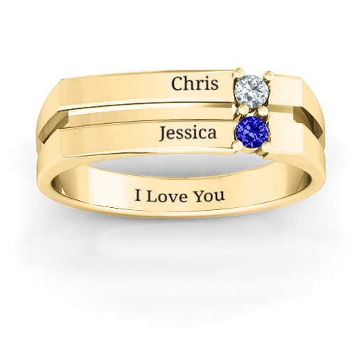 Women's Crevice Grooved Ring – 10K Yellow Gold with Cubic Zirconia and Blue Sapphire