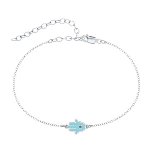 Hamsa Anklet with Accent Stone – Sterling Silver with Black Premium Zirconia