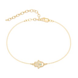 Hamsa Evil Eye Anklet in 18K Gold Plated Silver with Mint Premium Zirconia