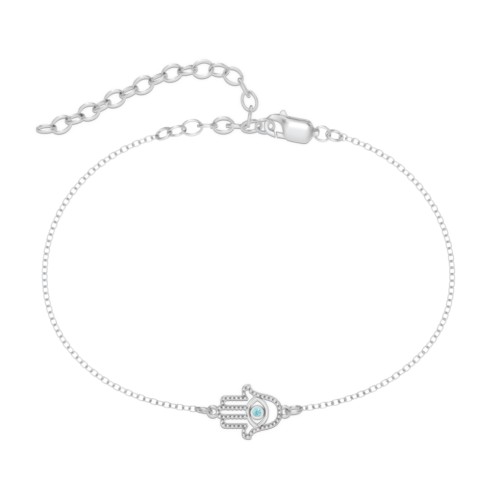 Hamsa Evil Eye Anklet – Sterling Silver with Mint Premium Zirconia