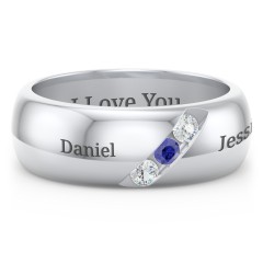 Men's Triple Stone Grooved Ring – Sterling Silver with Cubic Zirconia and Blue Sapphire
