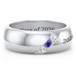 Men's Triple Stone Grooved Ring in 925 Sterling Silver with Cubic Zirconia and Blue Sapphire