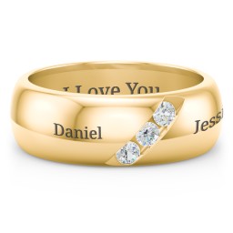 Men's Triple Stone Grooved Ring in 10K Solid Yellow Gold with Diamond and Cubic Zirconia