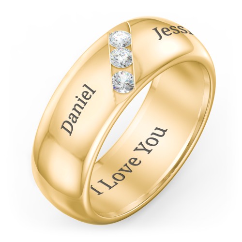 Men's Triple Stone Grooved Ring – 10K Yellow Gold with Diamond and Cubic Zirconia