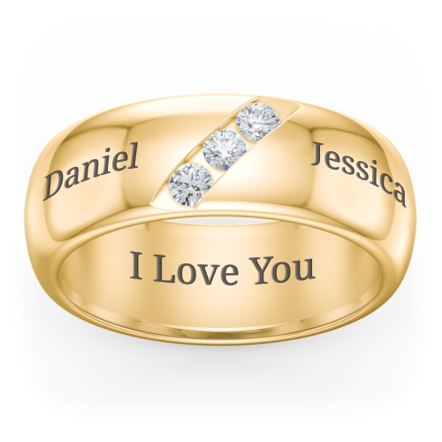 Men's Triple Stone Grooved Ring – 10K Yellow Gold with Diamond and Cubic Zirconia